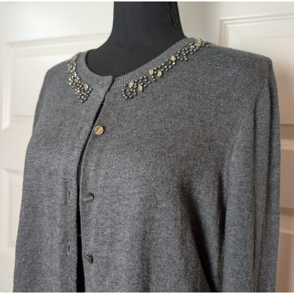 Ann Taylor Size L Beaded Cardigan Sweater Gray Rhinestone Collar Coquette Chic
